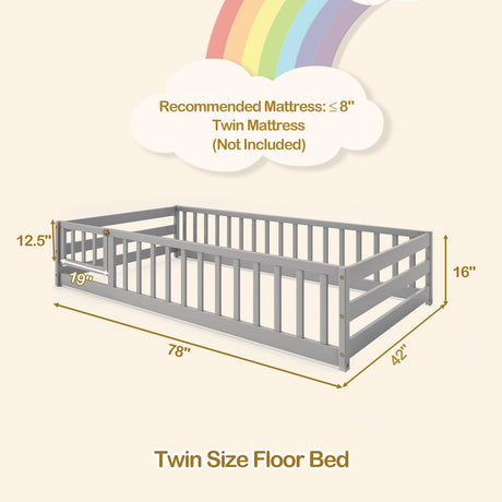 KOMFOTT Twin Size Wood Floor Bed with Door & Fence, Montessori Bed Frame with Full Length Safety Guardrails, Door & Latch, Wooden Montessori Floor Bed for Kids, Girls, Boys (Grey, Twin) KOMFOTT