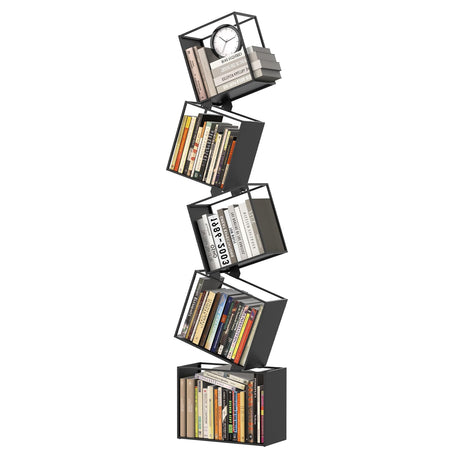 Kunicely 5-Tier Metal Geometric Bookshelf – Modern Narrow Floor Bookcase, Space-Saving Organizer for Living Room, Bedroom, Office, Corner – Black Kunicely