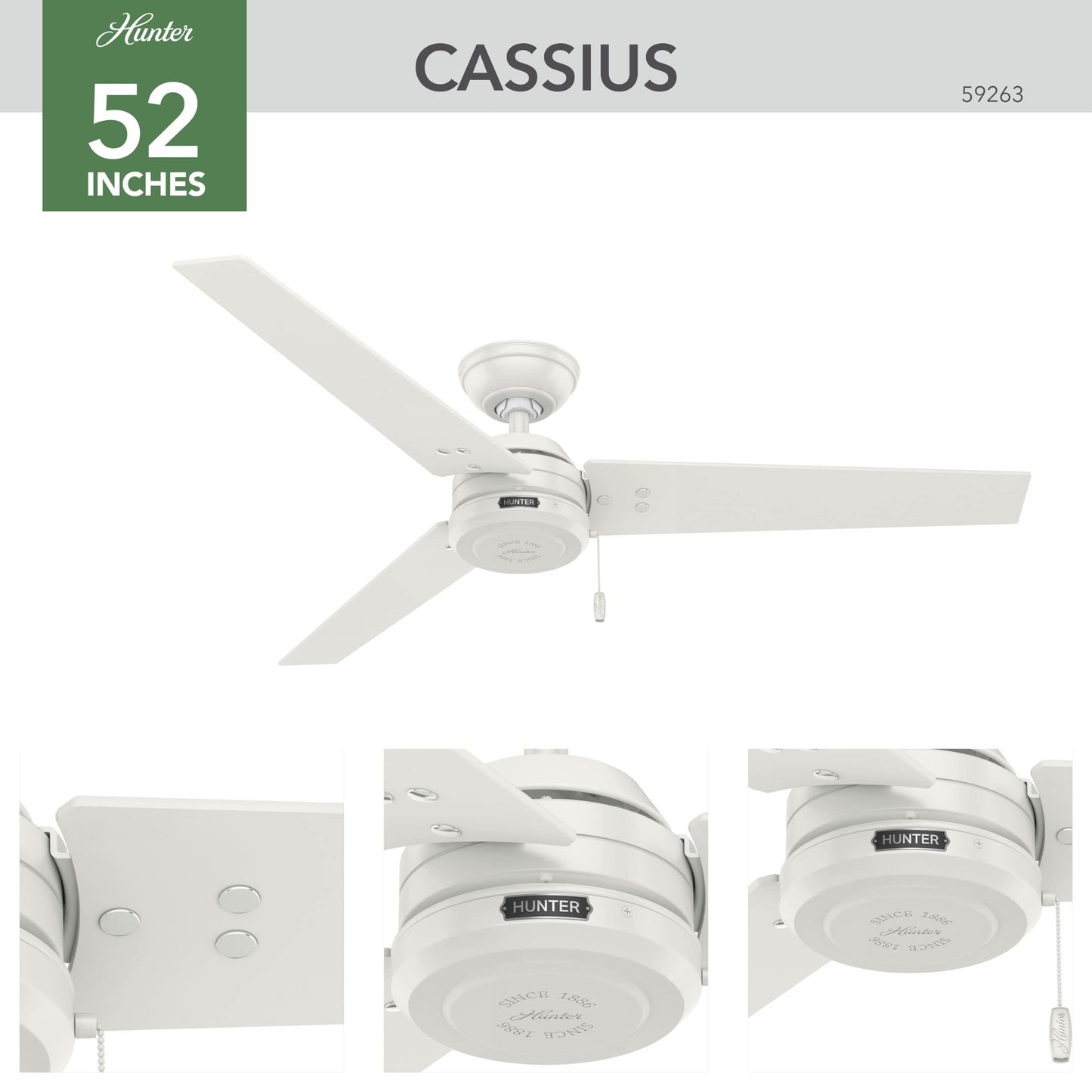 Hunter Fan Company 59263 Cassius 52 Inch 3 Blade 3 Speed Wooden Indoor/Outdoor Ceiling Fan with Pull Chain Control, Light Stripe, 52", Fresh White Finish - WoodArtSupply