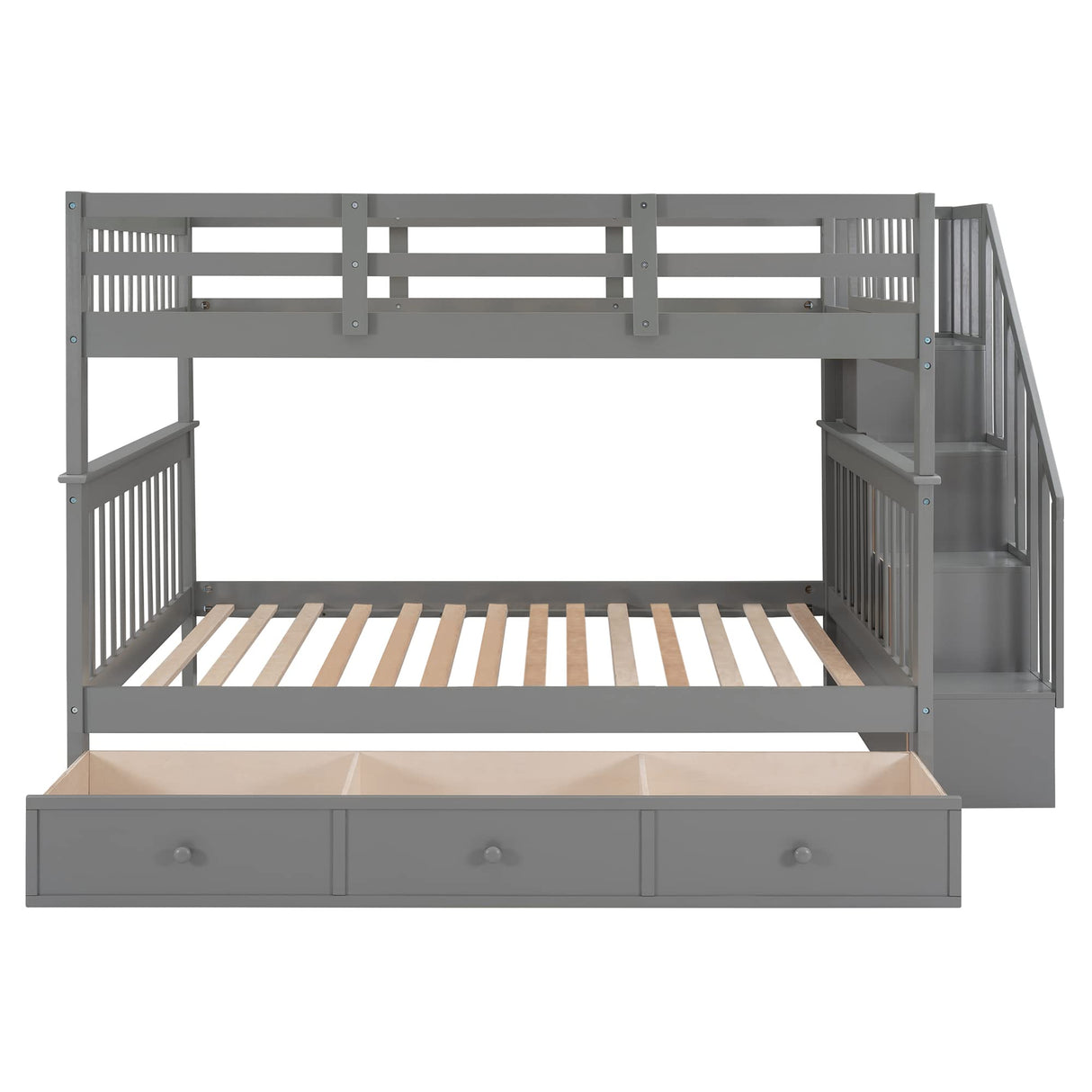 Harper & Bright Designs Full Over Full Bunk Bed with Storage, Solid Wood Full Bunk Bed Frame with Stairs and Drawers, for Kids Teens Adults (Gray) Harper & Bright Designs