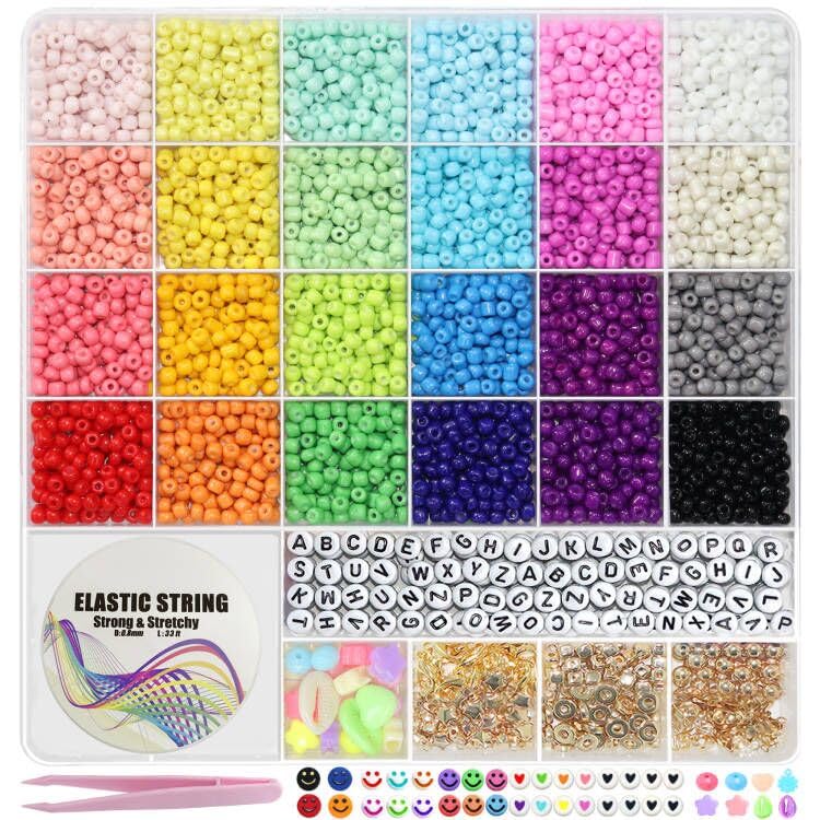 LIS HEGENSA 24 Color 8000pcs 3mm Glass Seed Beads for Jewelry Bracelet Making Kit, Small Beads Friendship Bracelet Kit, Tiny Waist Beads Kit with Letter Bead, DIY Art Craft Girls Gifts LIS HEGENSA