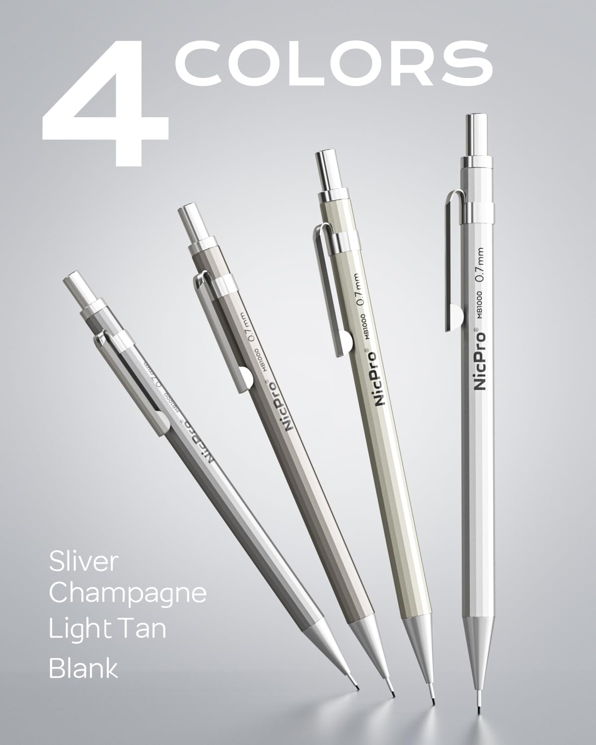 Nicpro 4 Pack Mechanical Pencil 0.7mm with Case, MB1000 Metal Mechanical Pencil Set with 8 Tube HB #2 Lead Refill 0.7 mm, 3PCS 4B Eraser, 9 Cap Eraser for Artist Drafting Writing, Sketching, Drawing Nicpro