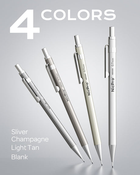 Nicpro 4 Pack Mechanical Pencil 0.7mm with Case, MB1000 Metal Mechanical Pencil Set with 8 Tube HB #2 Lead Refill 0.7 mm, 3PCS 4B Eraser, 9 Cap Eraser for Artist Drafting Writing, Sketching, Drawing Nicpro