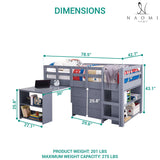 Naomi Home Grey Twin Size Loft Bed with Desk, Bookcase Shelf, Cabinet Ladder, and Safety Guard Rails Naomi Home