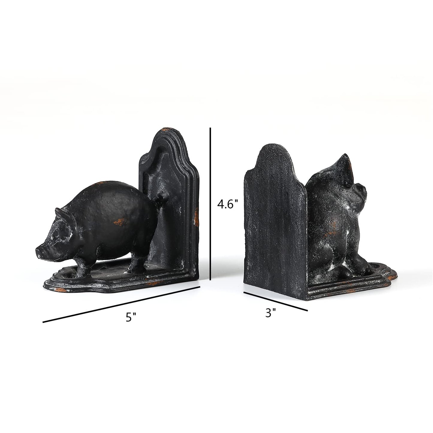 Retrome Pig Bookends, Set of 2 Farmhouse Book Ends, Distressed Gray