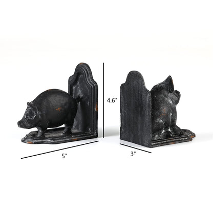 Retrome Pig Bookends, Set of 2 Farmhouse Book Ends, Distressed Gray