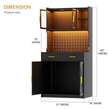 MDGC LED Kitchen Pantry Cabinet with Outlets, Farmhouse Storage Cabinet with Drawers & Adjustable Shelves, 64" Tall Cupboard with Pegboard & Hooks for Dining Room (Black) MDGC