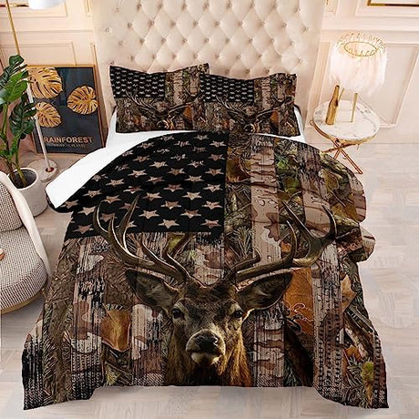 Tailor Shop Deer Comforter Sets Twin Size for Boys Kids Teens,American Flag Camo Bedding Sets Hunting Comforter Sets Woodland Moose Wildlife Forest Bed Set, with 1 Comforter 1 Pillowcase…… Tailor Shop