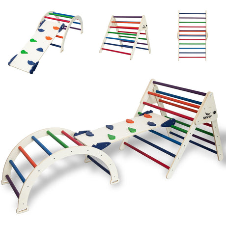 FOOWIN Pikler Triangle Set Climber 8 in 1，Toddler Climbing Toys with Ramp & Arch & Mat Montessori Climbing Set，Wooden Climbing Toys with Ramp for Kids FOOWIN