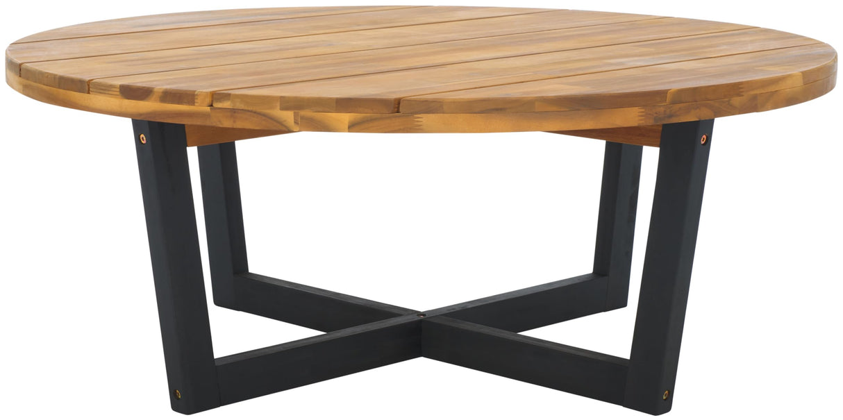 SAFAVIEH Outdoor Collection Leo Natural/Black 4-Leg Round Coffee Table, Ideal for Deck, Patio, Backyard, Sunroom SAFAVIEH