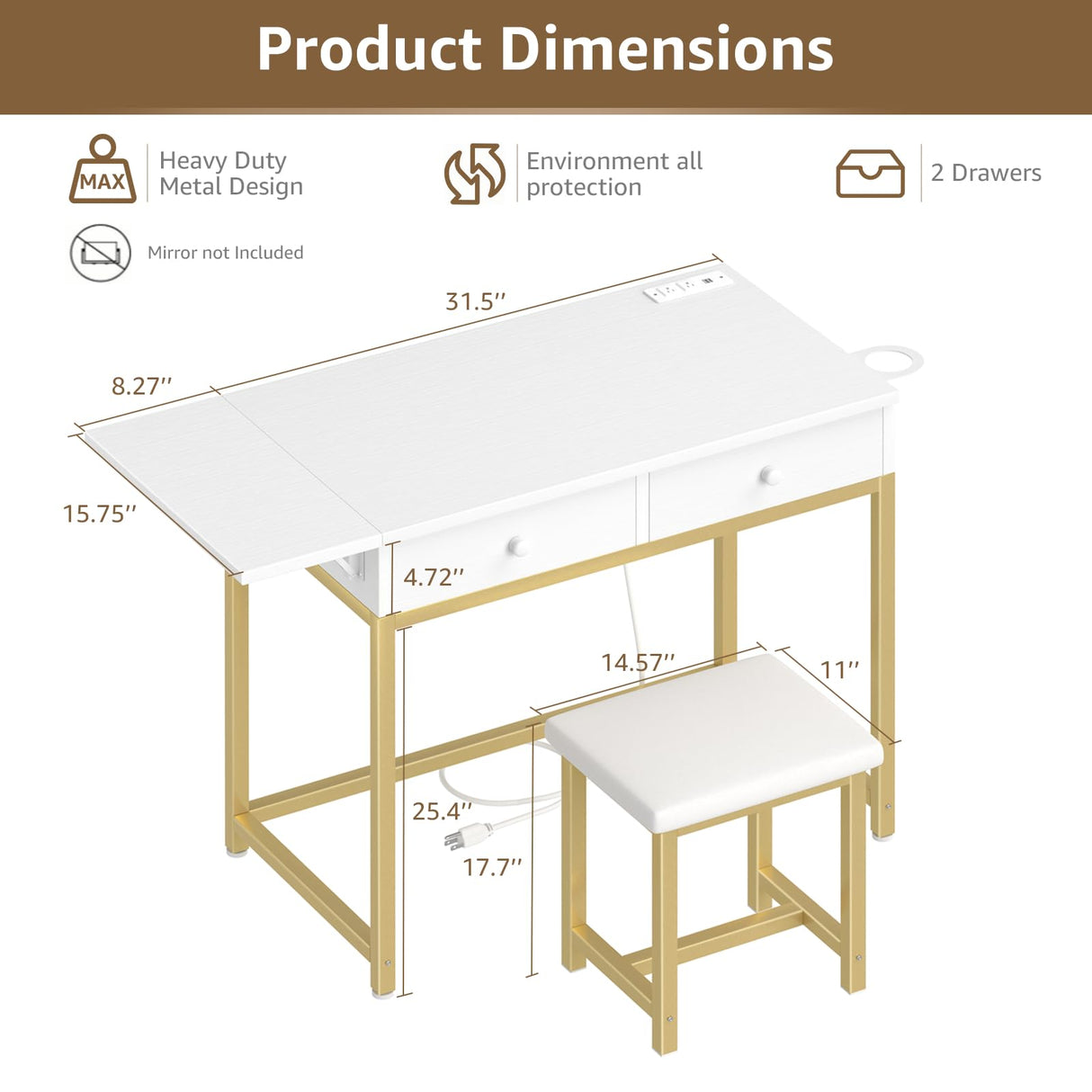 KAI-ROAD Small Makeup Vanity Desk no Mirror - Modern White Vanity Table with Wood Drawers, Padded Stool, Charging Station & Foldable Countertop, Small Computer Desk Home Office Desk for Bedroom KAI-ROAD