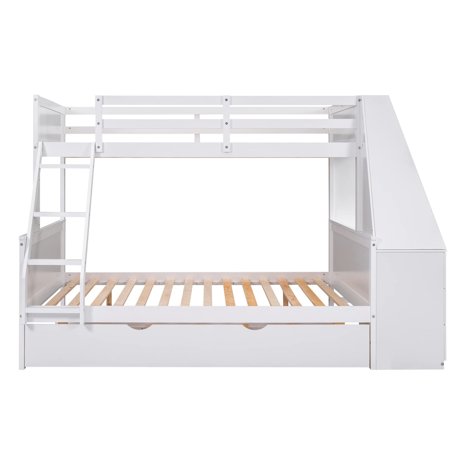 Modern Twin Over Full Bunk Bed with Desk, Trundle, and Storage Drawers in White - WoodArtSupply