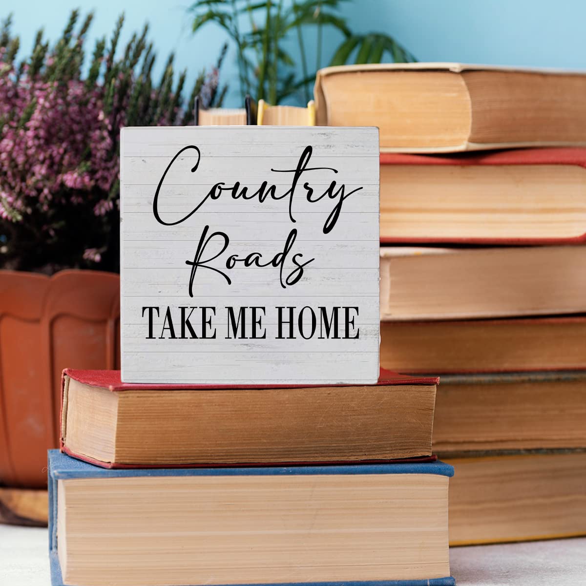 Country Home Farmhouse Sign Desk Decor Wooden Box Sign Housewarming Gift Rustic Wood Block Plaque Box Sign for Living Room Kitchen Bathroom Shelf Table Decoration Country Roads Take Me Home Sign HTBIG