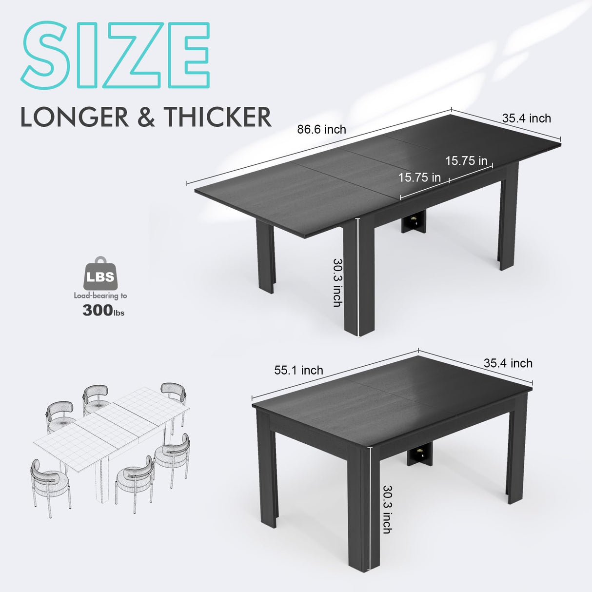 PatioPerk Extendable Dining Room Table for 6-10 Person, Plank and Beam Farmhouse Large Rectangular Kitchen Tables for Living Meeting Room (Black) PatioPerk