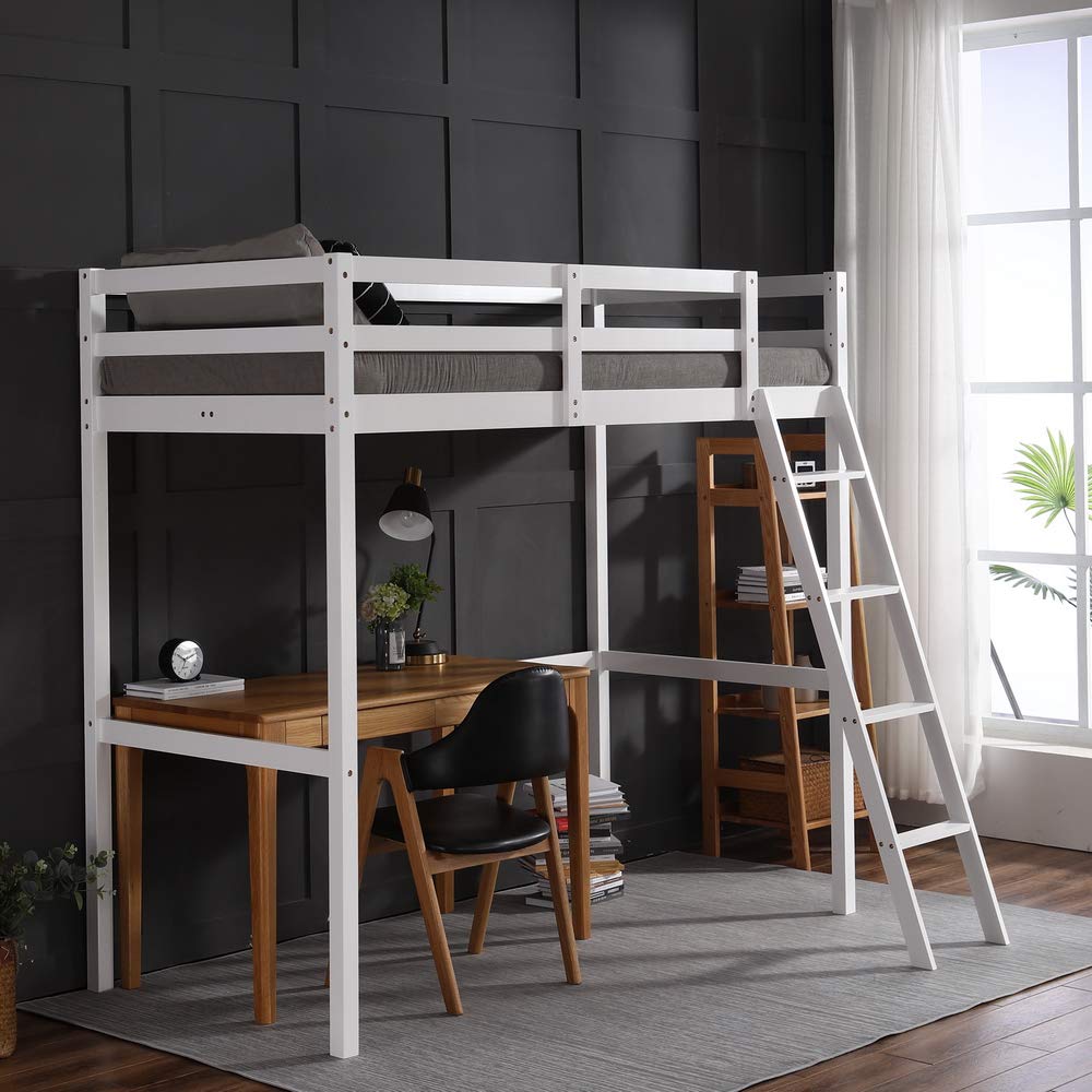 JOYMOR Twin High Loft Bed Frame - Space-Saving Wooden Bed for Kids and Teens, No Box Spring Needed, White JOYMOR