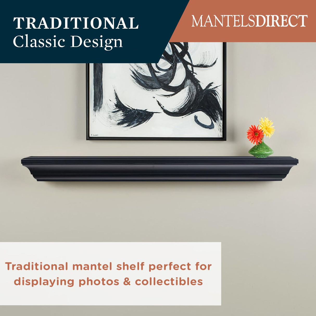 MANTELSDIRECT 72 Inch Floating Fireplace Mantel Wood Shelf in Black - Colton from Mantels Direct | Wooden Rustic Wall Shelf Perfect for Décor and Electric Fireplaces MANTELSDIRECT