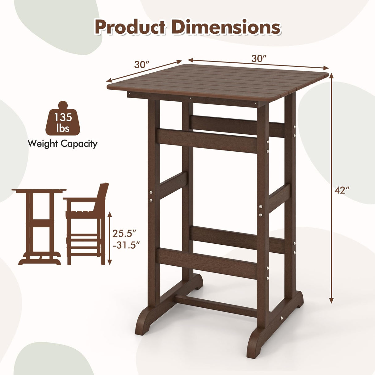 Giantex 42" Height Outdoor Tall Bar Table, HDPE Square Pub Tables with Wood Grains, High Top, Cocktail Bistro Table for Adirondack Chairs, Patio, Garden, Poolside, Yard, Balcony, Brown Giantex