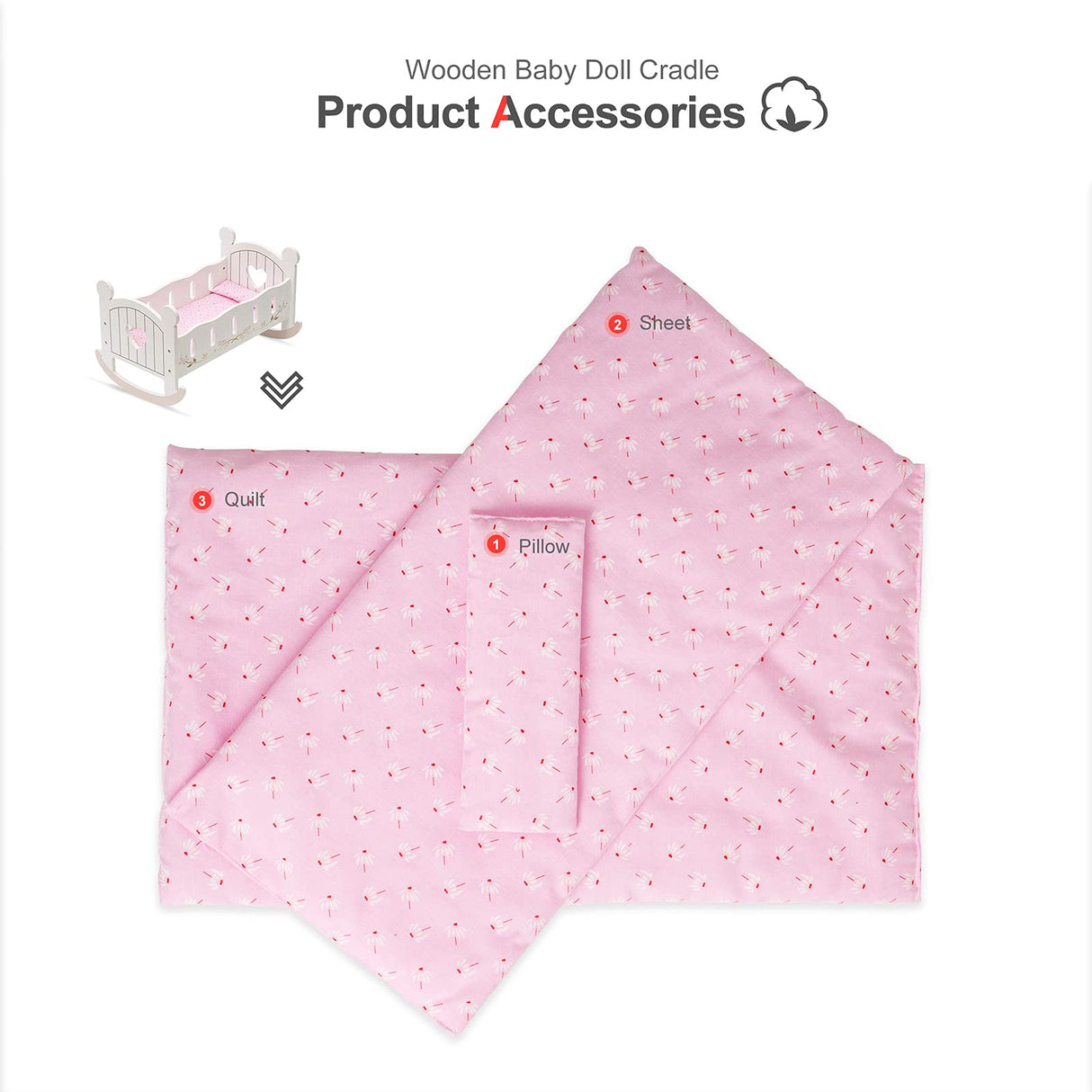 ROBUD Baby Doll Crib Wooden Doll Cradle with Bedding Doll Rocking Cradle 18inch Doll Furniture Doll Bed Fits for 18inch American Girl Dolls ROBUD