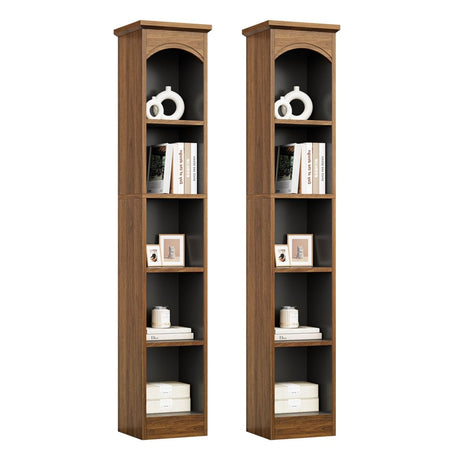 LITTLE TREE 70.9" Tall Bookcase, 5-Tier Open Bookcase with Cubes, Wood Bookshelf with Storage Space, Freestanding Narrow Bookcase for Home Office, Brown, 2 Pack LITTLE TREE