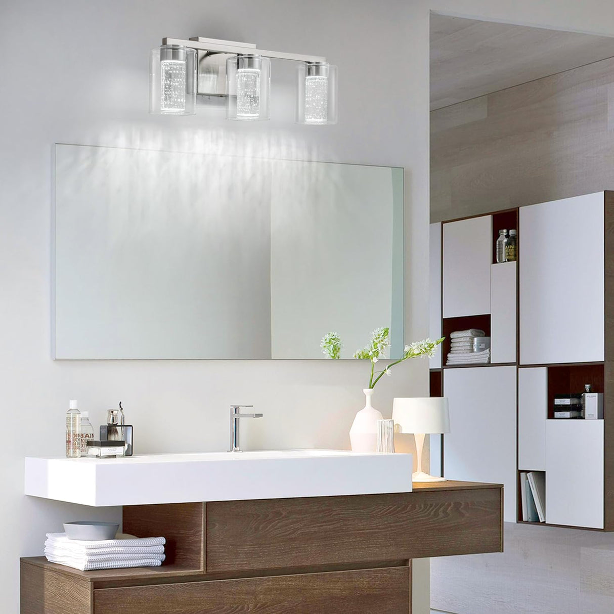 SineRise 3-Light Brushed Nickel Vanity Light with 3 Color Modes (3000K/4000K/6000K), Eye Protection LED Bathroom Light Fixture, Dimmable Modern Wall Light Over Mirror with Clear Glass Shade SineRise