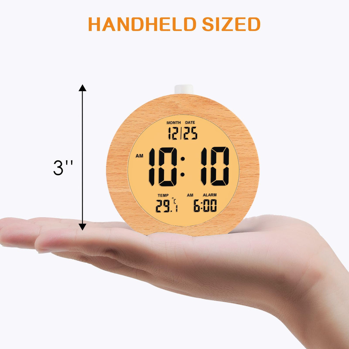 Plumeet Wooden Digital Alarm Clock for Bedrooms, Wood 4'' Battery Powered Alarm Clock with Snooze and Nightlight, Electronic LCD Desk Clock Display Time, Date, Temp, 12/24H, Wood Décor, Round, Brown Plumeet