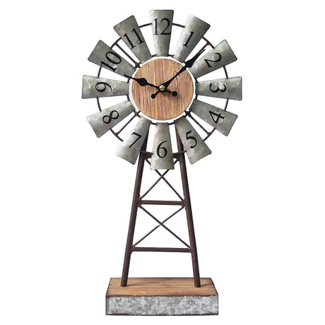 MODE HOME Vintage Farmhouse Table Clock on Stand, Galvanized Windmill Desk Clock, Decorative Mantel Clock for Living Room, Kitchen, Bedroom, Bathroom, Silent Small Clocks Battery Operated 15.75H MODE HOME