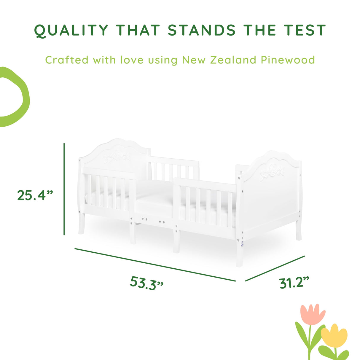 SweetPea Baby Rose 3-in-1 Convertible Toddler Bed in White, Greenguard Gold Certified, JPMA Certified, Safety Rails, Made of Sustainable New Zealand Pinewood Sweetpea Baby