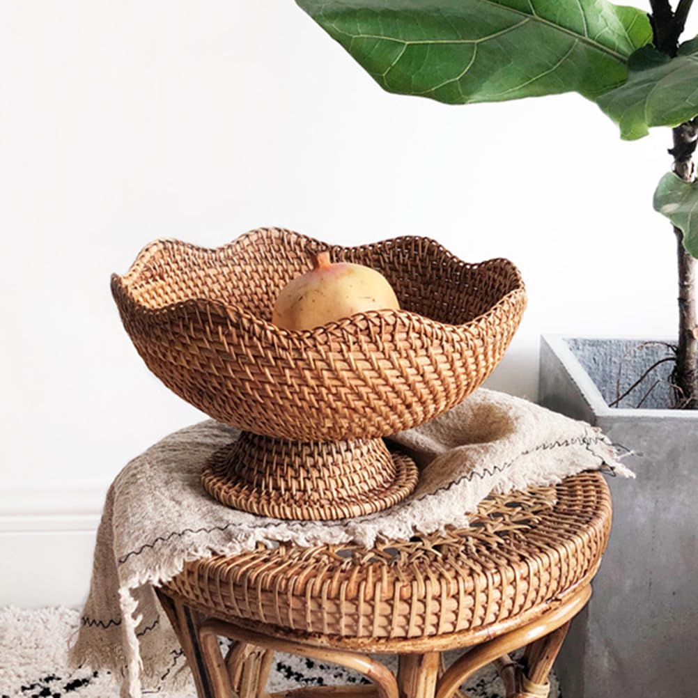 PRETYZOOM Rattan Fruit Bowl, 10 inch Natural Wicker Basket Fruit Plate Bread Display Stand with Base, Kitchen Counter Wicker Storage Basket Storage Serving Baskets PRETYZOOM