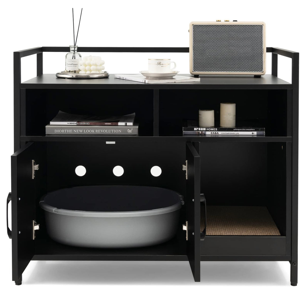 Tangkula Litter Box Enclosure, Cat Litter Box Furniture Hidden w/Metal Frame, Scratching Board, Storage Compartment, Wooden Cat Washroom, Indoor Cat House Side Table, Cat Box Cabinet (Black) Tangkula