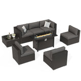 Incbruce 8-Piece Patio Furniture Set with Fire Pit Table, PE Black Brown Wicker Rattan Outdoor Sectional Couch, Patio Conversation Set with Glass Table and Removable Cushions (Grey) Incbruce