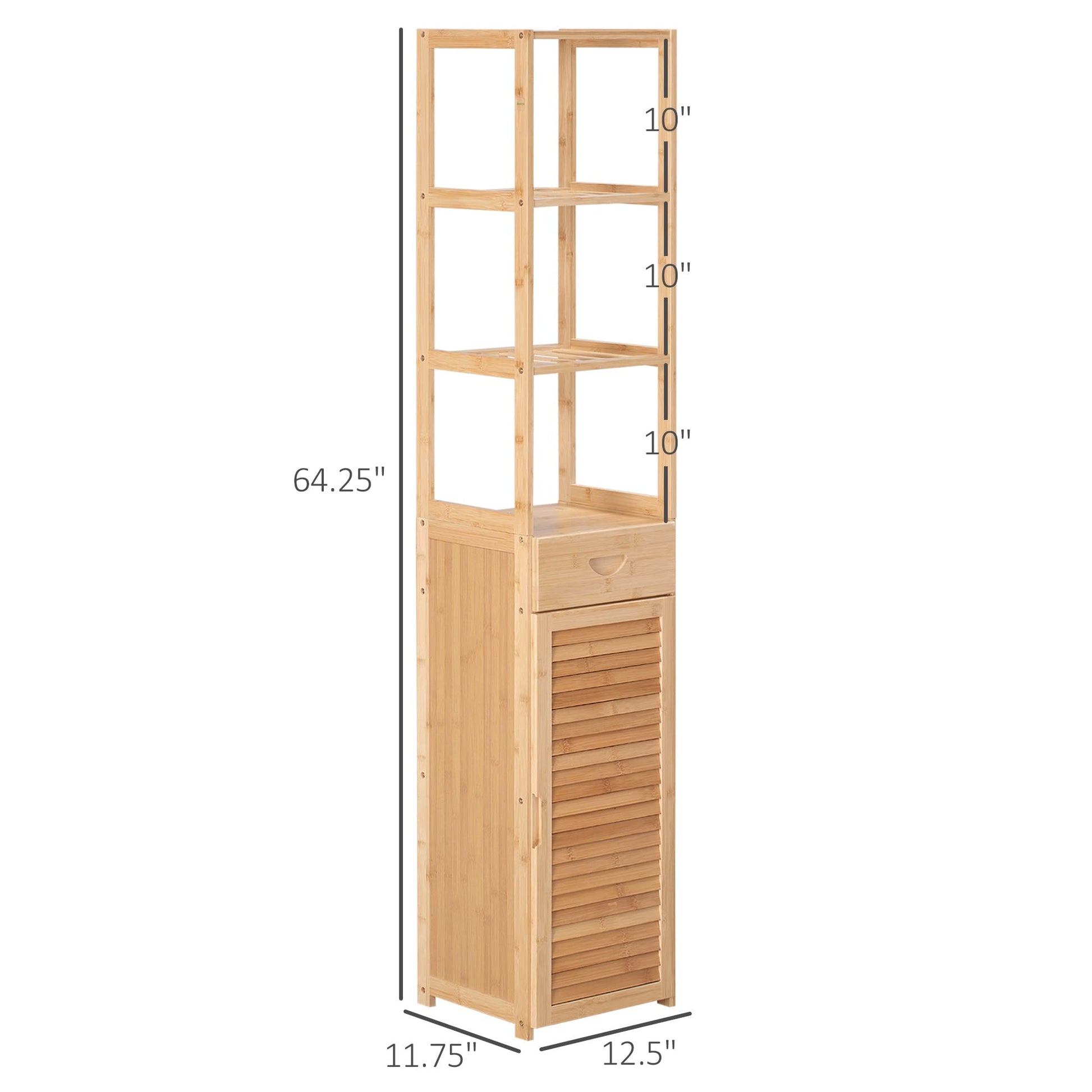 kleankin Tall Bathroom Cabinet with Drawer and Slatted Shelves, Slim Bamboo Linen Tower with Louvered Door, Natural - WoodArtSupply