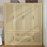 Hitow Ratten Wardrobe Armoire Closet, 6 Door Rattan Closet Wardrobe Cabinet with 2 Drawers & Hanging Rod, Storage Wardrobe Armoire Dresser for Bedroom Organizer (63" W x 19.7" D x 70.9" H) Hitow