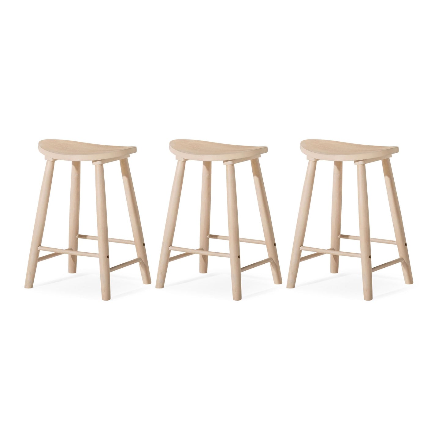 Maven Lane Luna 26 Inch Tall Counter Height Backless Modern Dining Barstool in Rustic Light Oak Wood Finish with Narrow Saddle Seat, Set of 3