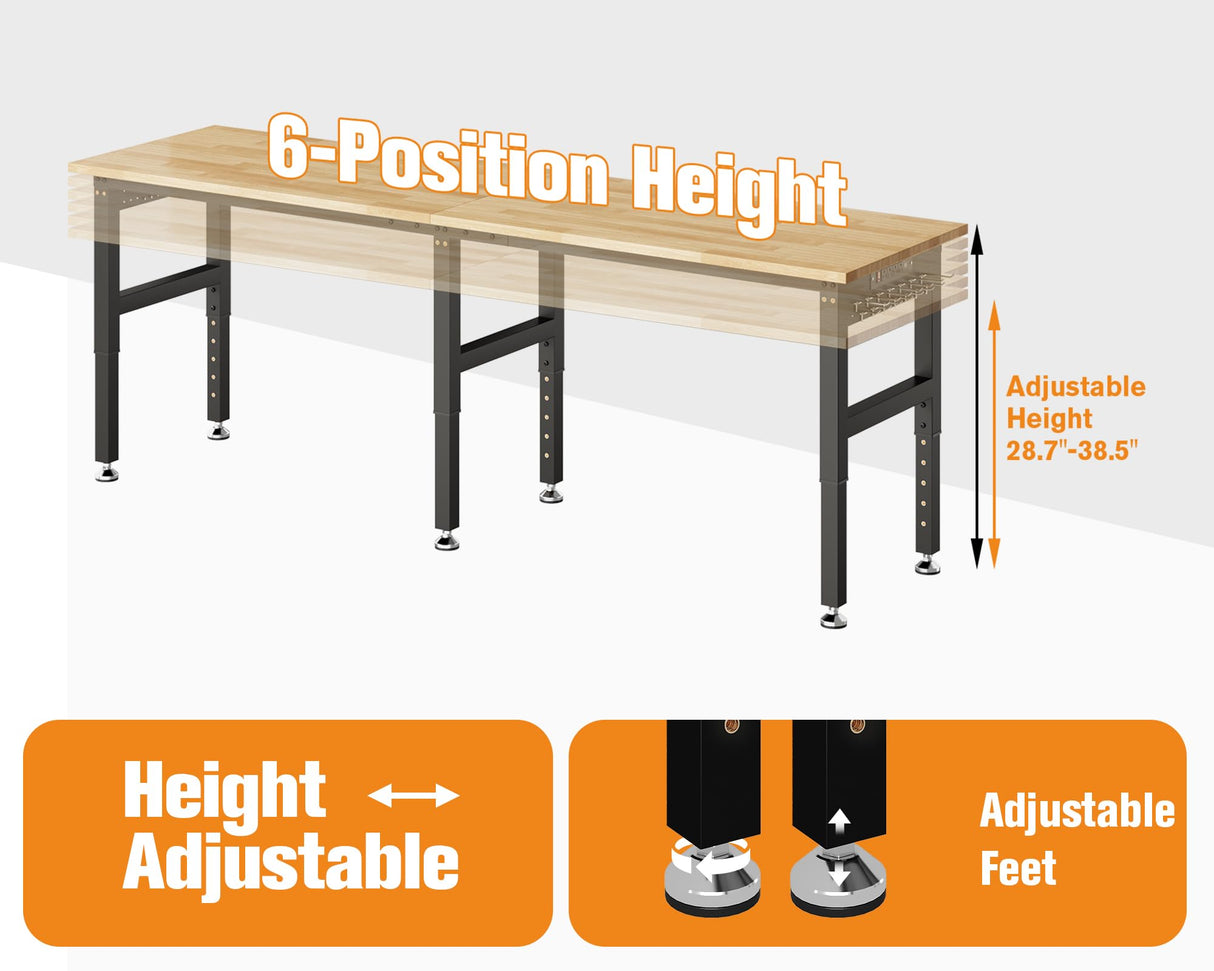 SPECRAFT 96“ Adjustable Heavy Duty Workbench with 4 AC Outlet and 2 USB Ports Power Outlets, 5000 Lbs Capacity, Rubber Wood Top for Garage, Workshop, Office SPECRAFT
