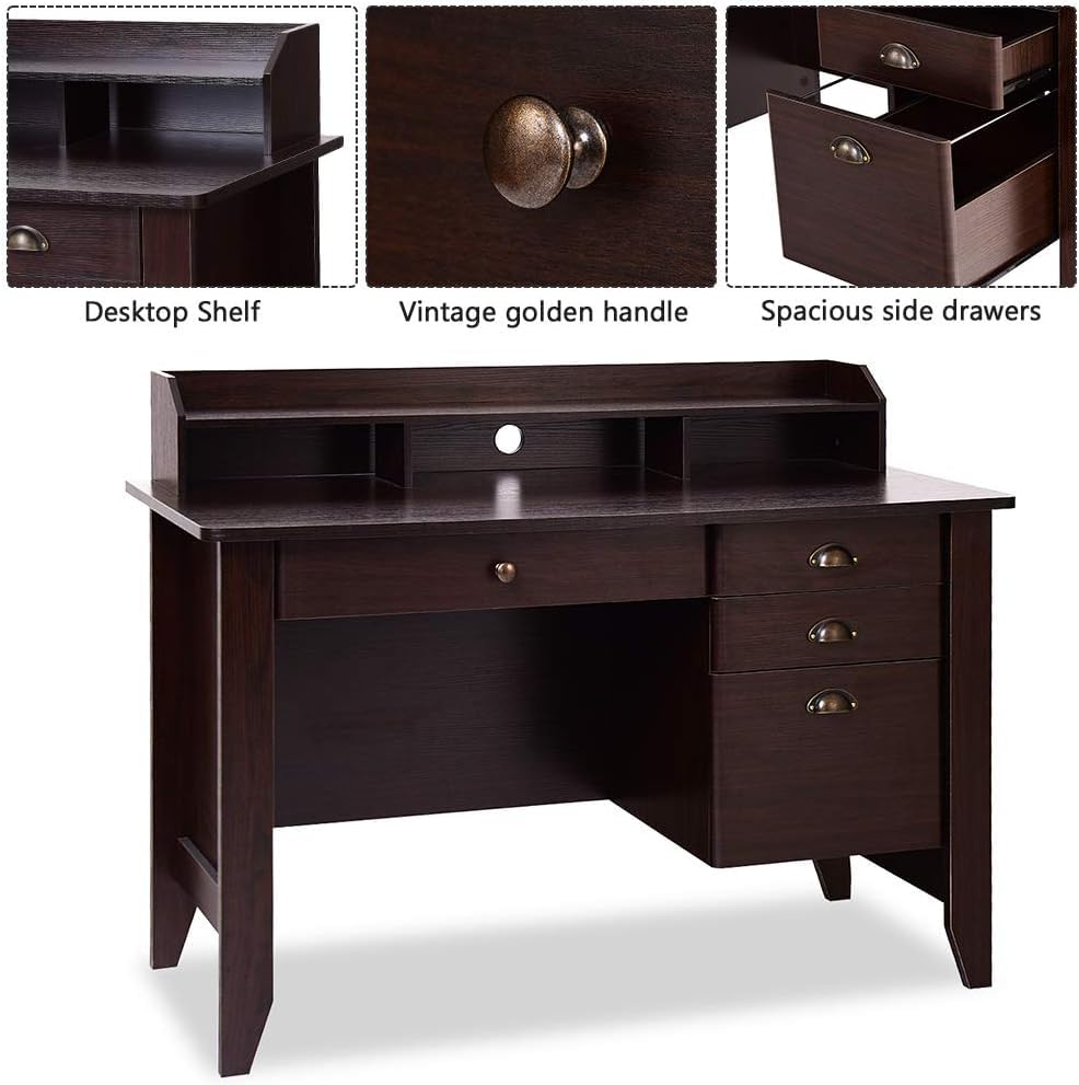 Safeplus 48" Computer Desk with 4 Storage Drawers and Hutch Wood Executive Table for PC Laptop - WoodArtSupply