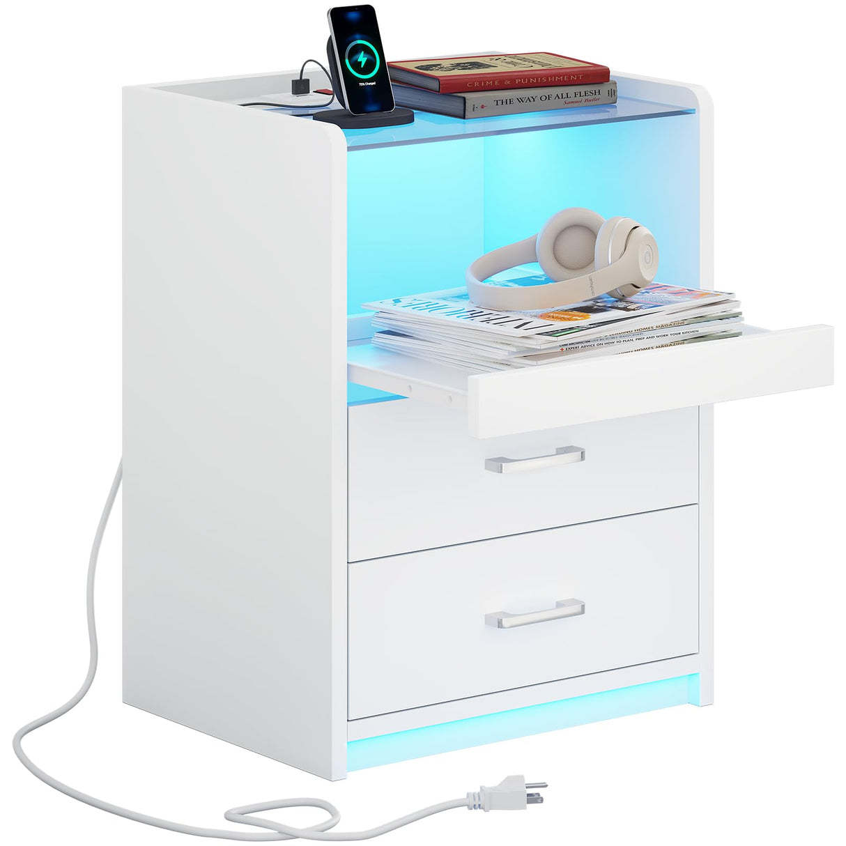 VIAGDO White Nightstand with Charging Station and LED Lights, 2 Drawers LED Night Stand with Tempered Glass Tabletop, Modern End Side Tables with Pull-Out Tray, Open Storage Bedside Tables VIAGDO