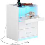 VIAGDO White Nightstand with Charging Station and LED Lights, 2 Drawers LED Night Stand with Tempered Glass Tabletop, Modern End Side Tables with Pull-Out Tray, Open Storage Bedside Tables VIAGDO