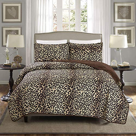 Grand Linen 3-Piece Fine Animal Print Oversize (100" X 95") Quilt Set, Bedspread Coverlet Queen Size Bed Cover (Brown, Black Leopard Print) Grand Linen
