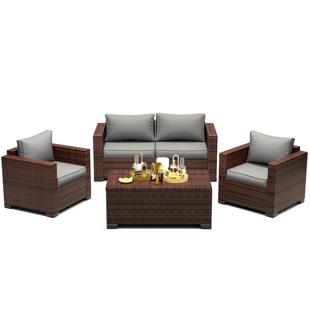 UDPATIO 4 Piece Patio Furniture Set, Wicker Patio Set with Storage Coffee Table and Dark Grey Cushions, Outdoor Patio Furniture for Porch Balcony UDPATIO