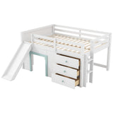 Bellemave Full Size Low loft Bed for Kids,Wood Modern Farmhouse Full Loft Bed with Slide and Drawer Storage, No Box Spring Needed, White Bellemave