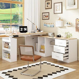 Timechee 63" Large Electric Standing Office Desk with Drawers, Modern Executive Deep L Shaped Computer Raising Stand up Desk with Shelves Storage for Home Office, Adjustable Height, White & Natural Timechee
