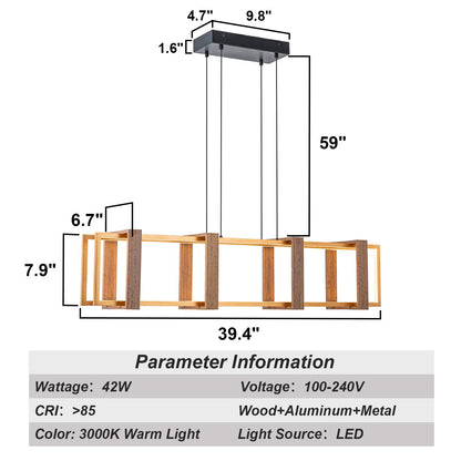 Zicbol 39.4" Rectangle Chandeliers for Dining Room, Farmhouse Wood LED Linear Pendant Light Kitchen Island, Adjustable Rustic Dining Room Light Fixtures Over Table - WoodArtSupply