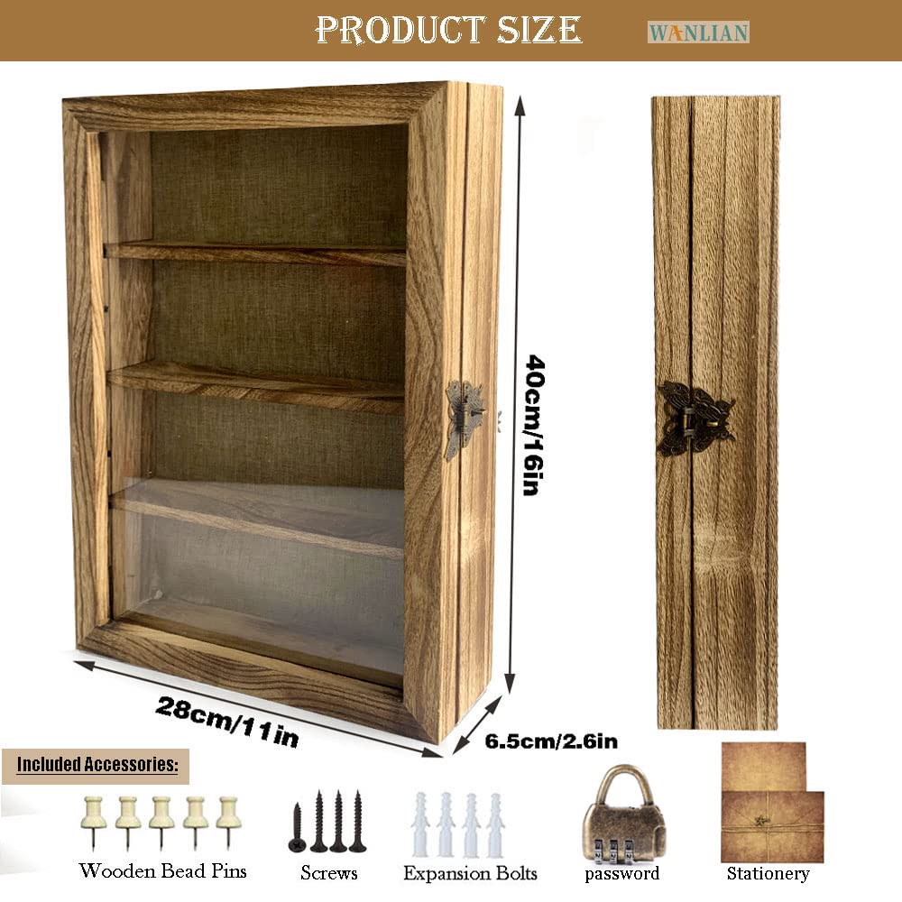 WANLIAN Large Shadow Box with Shelves, 11x16 Wooden Shadow Box Display Cabinet with Acrylic Window, 3 Removable Shelves and Linen Back, for Displaying Photo Souvenir Collection(Carbonized) WANLIAN