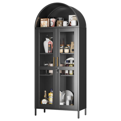 JAORD 73'' H Metal Arched Display Cabinet with Glass Door,Locking Kitchen Pantry Cabinet with Lockable Door and 2 Adjustable Shelves for Home Office, Assembly Required, Black JAORD