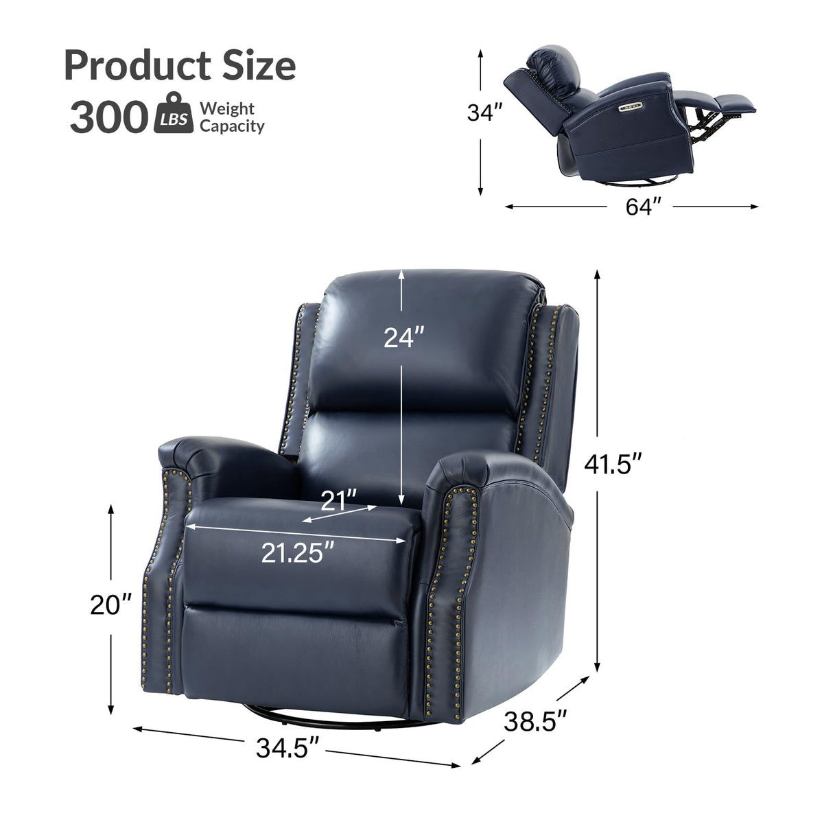 HULALA HOME Genuine Leather Recliner with One-Button Reset, Power Recliner with Electric Lumbar Support and Headrest, Traditional Swivel Rocker Recliner with USB Port and Storage Pocket, Navy HULALA HOME