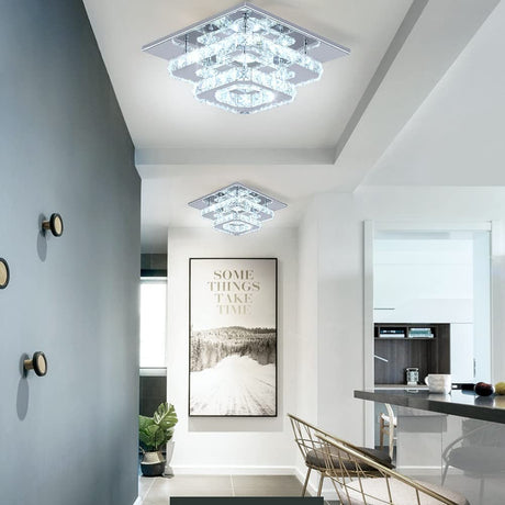 FRIXCHUR Crystal Ceiling Light Square Chandelier Modern LED Flush Mount 2 Layers Ceiling Lamp Lighting Fixture for Dining Room Living Room Bedrooms Kitchen Hallway Foyer (Cool White) FRIXCHUR
