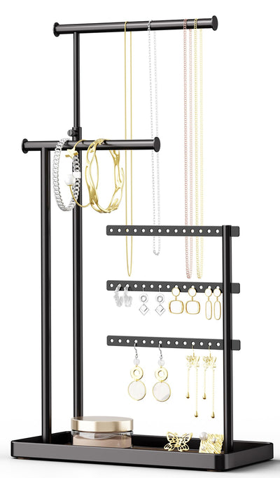 susswiff Jewelry Holder Organizer Stand - Adjustable Tall 17.5" (Max), Sturdy Jewelry Hanger for Necklaces, Earrings, Bracelets, Rings, Jewlery Display and Storage, Black, Metal