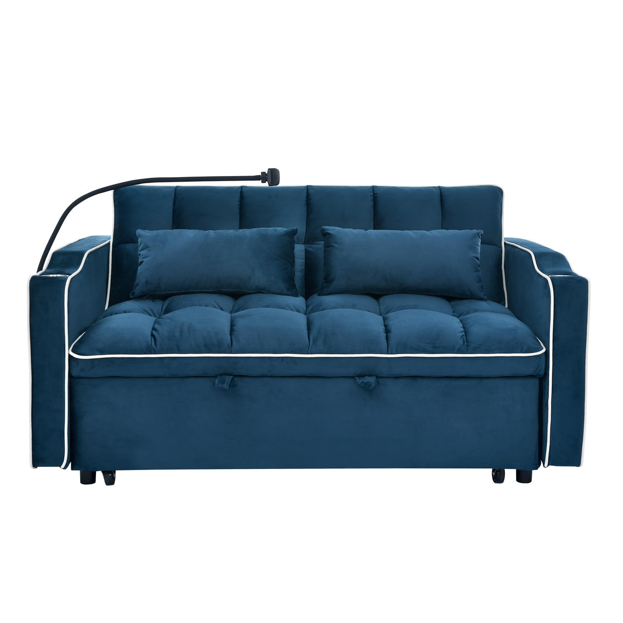 Foldable Sofa Bed with USB Charging Ports, Pull Out Velvet Loveseat Sleeper with Phone Holder, Modern Futon Couch with Cup Holders & Adjustable Backrest for Living Room, Blue Merax