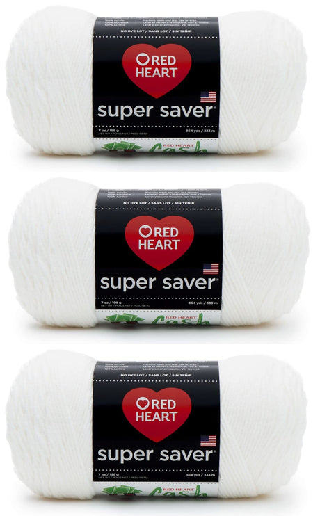 Red Heart Super Saver White Yarn - 3 Pack of 198g/7oz - Acrylic - 4 Medium (Worsted) - 364 Yards - Knitting/Crochet Red Heart