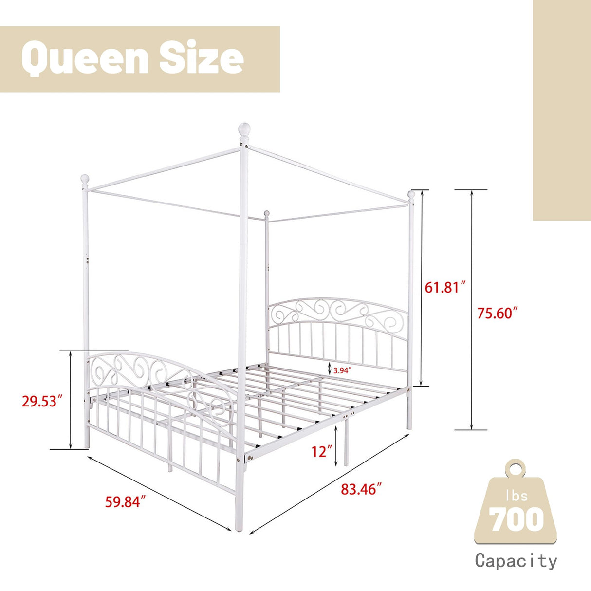 AUFANK Queen Size Canopy Bed Frame Four-Poster Metal Platform Bed with Headboard and Footboard Sturdy Heavy Duty Steel Slat Support No Box Spring Needed White AUFANK